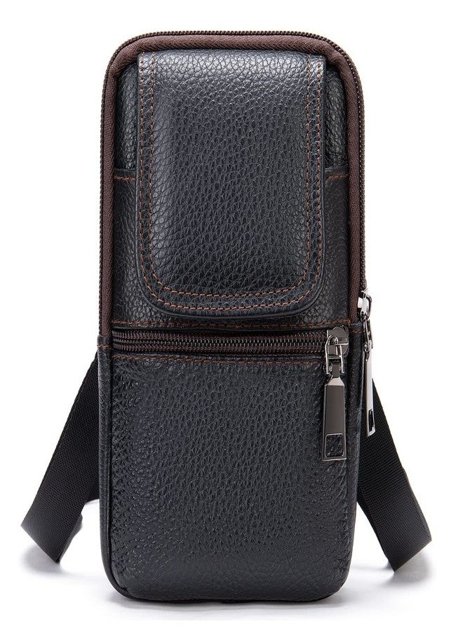 WNHTFAC Cell Phone Shoulder Bag Leather Black, Men Mobile Phone Fanny Pack with Clip, Smartphone Shoulder Holster Leather Crossbody Messenger Bag Belt Case Men's Waist Pouch Hip Bag for Hiking Camping Outdoor - Image 1