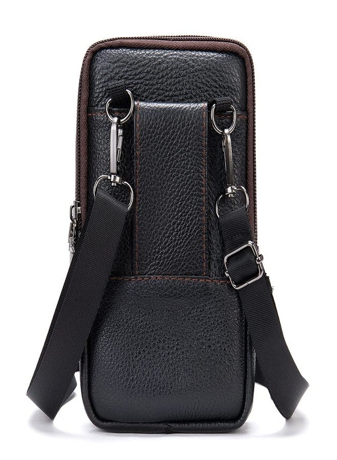 WNHTFAC Cell Phone Shoulder Bag Leather Black, Men Mobile Phone Fanny Pack with Clip, Smartphone Shoulder Holster Leather Crossbody Messenger Bag Belt Case Men's Waist Pouch Hip Bag for Hiking Camping Outdoor - Image 2