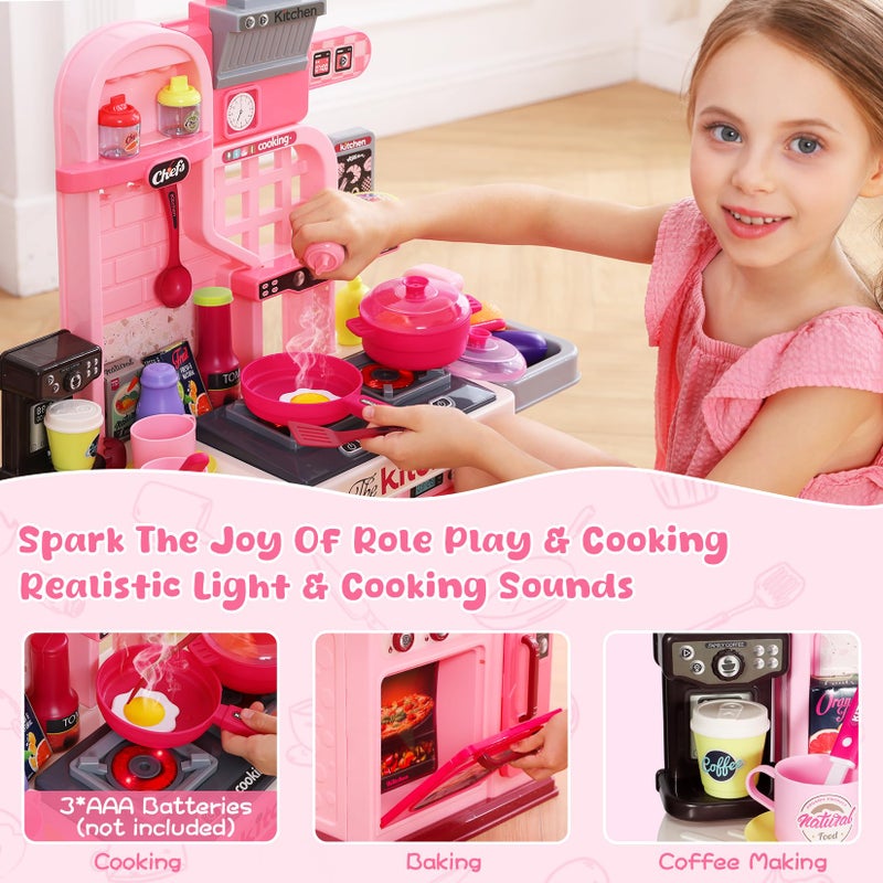 DRAMATION Kids Kitchen Playset, 27.1 Inches Play Kitchen with Sound and Light, Kitchen Set for Toddlers 1-3 3-5, Cooking Stove, Play Sink and Kitchen Accessories, Toy Kitchen (Pink) - Image 3