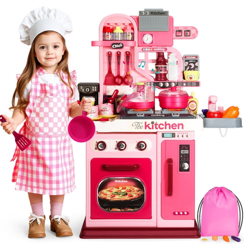 DRAMATION Kids Kitchen Playset, 27.1 Inches Play Kitchen with Sound and Light, Kitchen Set for Toddlers 1-3 3-5, Cooking Stove, Play Sink and Kitchen Accessories, Toy Kitchen (Pink) - Image 1