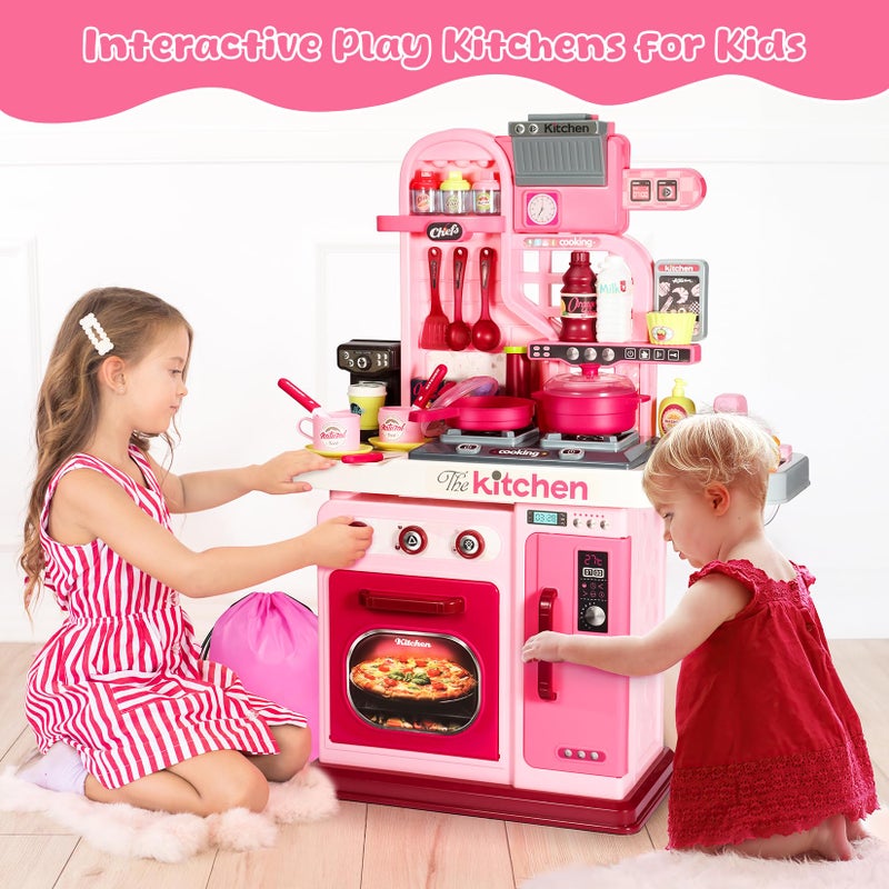 DRAMATION Kids Kitchen Playset, 27.1 Inches Play Kitchen with Sound and Light, Kitchen Set for Toddlers 1-3 3-5, Cooking Stove, Play Sink and Kitchen Accessories, Toy Kitchen (Pink) - Image 4