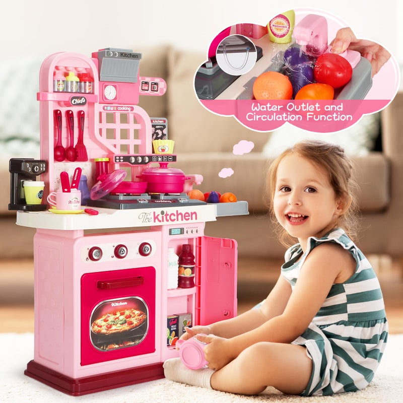 DRAMATION Kids Kitchen Playset, 27.1 Inches Play Kitchen with Sound and Light, Kitchen Set for Toddlers 1-3 3-5, Cooking Stove, Play Sink and Kitchen Accessories, Toy Kitchen (Pink) - Image 2