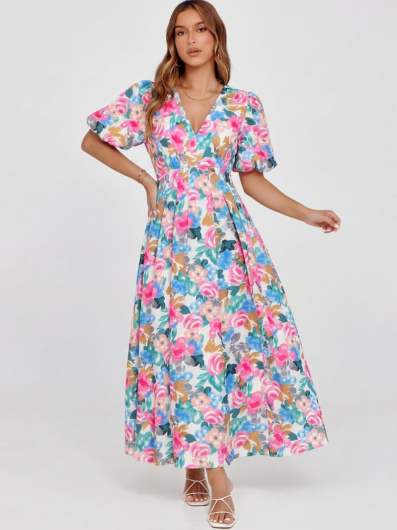 Maxigerui Women's Summer Floral Maxi Dress Spring Wedding Guest Dress 2026 Rose Pink Floral Print S - Image 2