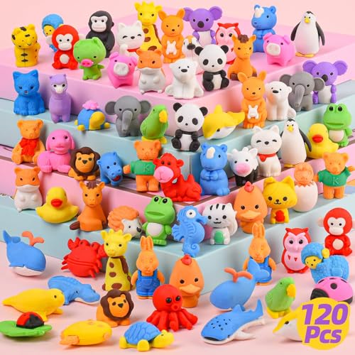 Kaemi 120Pcs Animal Erasers for Kids Desk Pets Bulk 3D Erasers Take Apart Pencil Puzzle Erasers Toys for Party Favors Treasure Box Games Prizes - Image 1
