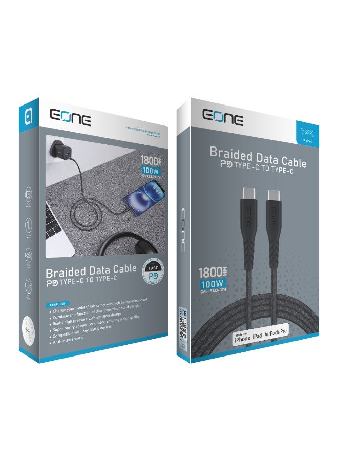 إيون كابل EONE USB-C إلى USB-C بطول 1.8 متر، أسود اللون، كابل شحن سريع من النوع C، كابل متين مضفر من النايلون للهواتف والأجهزة اللوحية وأجهزة الكمبيوتر المحمولة - Image 3