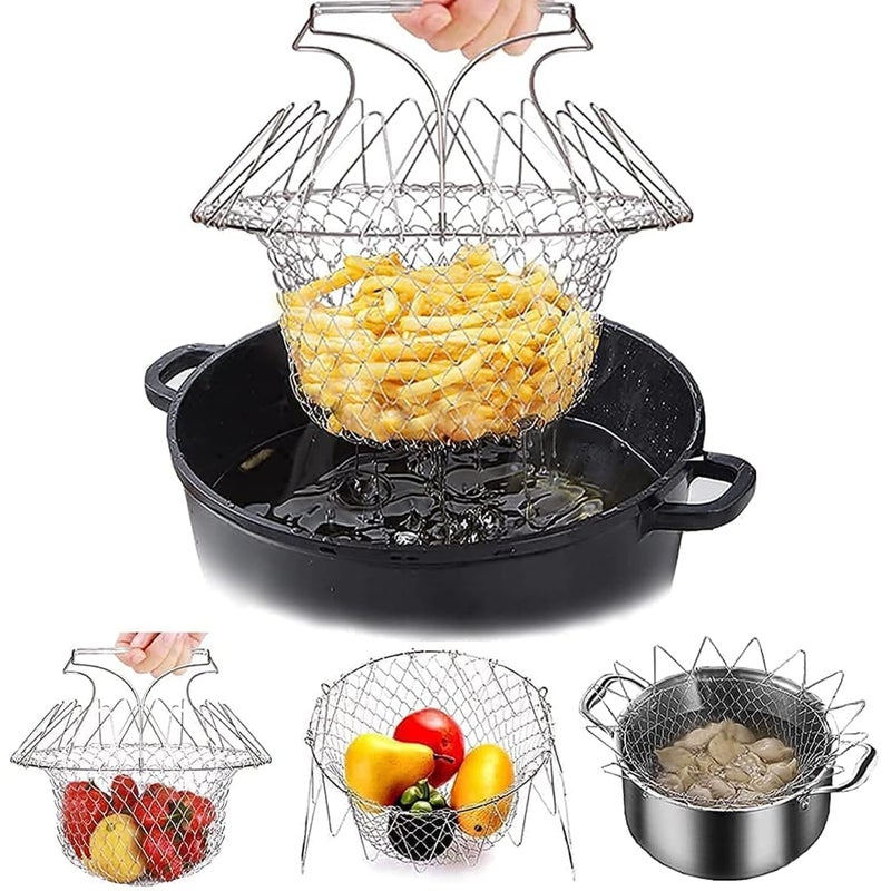 ORBITORA Foldable Steam Rinse Deep Frying Basket Stainless Steel Fry French Basket Strainer Net Fried Filter Drainage Rack for Fried Food or Fruits Multifunctional Kitchen Cooking Tool - Image 1