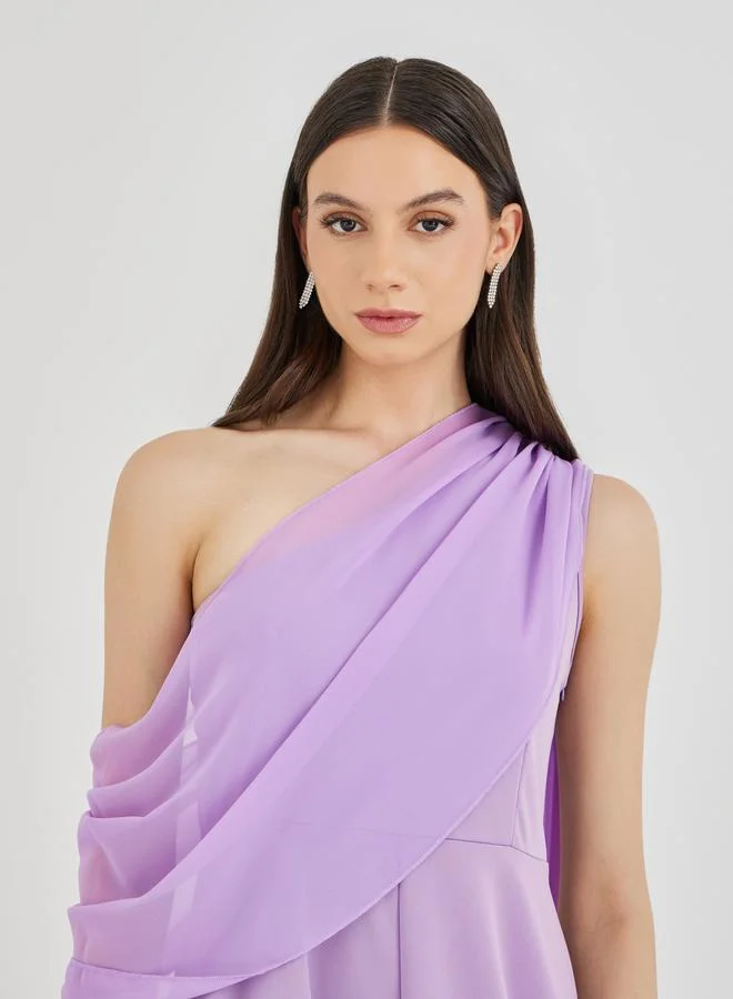 Take Two  Solid One Shoulder Detail A-Line Midi Dress for Women | Best Price UAE