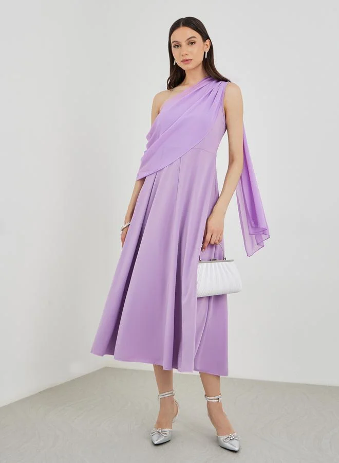 تايك تو Solid One Shoulder Detail A-Line Midi Dress