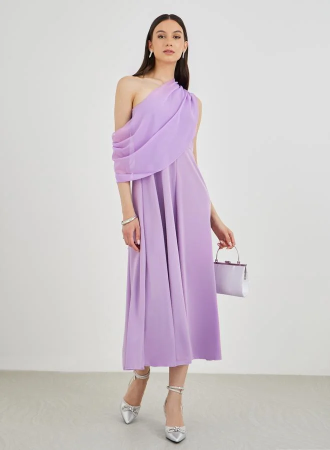 تايك تو Solid One Shoulder Detail A-Line Midi Dress