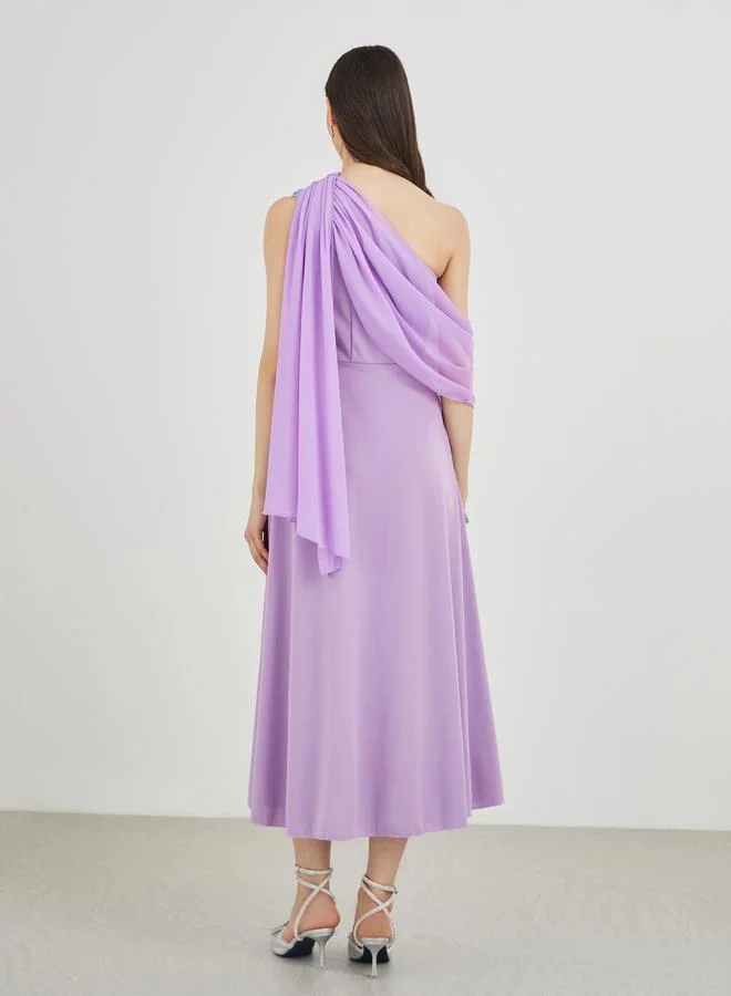 Take Two  Solid One Shoulder Detail A-Line Midi Dress for Women | Best Price UAE