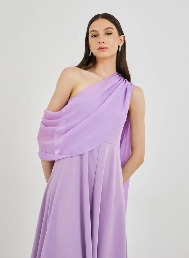 Take Two  Solid One Shoulder Detail A-Line Midi Dress for Women | Best Price UAE