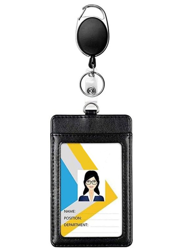 JOYBOS حامل شارة الهوية من الجلد، حامل شارة الهوية من الجلد الصناعي أفقي مع نافذة شفافة واحدة وفتحة واحدة لبطاقة الائتمان وحبل رقبة قابل للفصل (رأسي، أسود) - Image 2