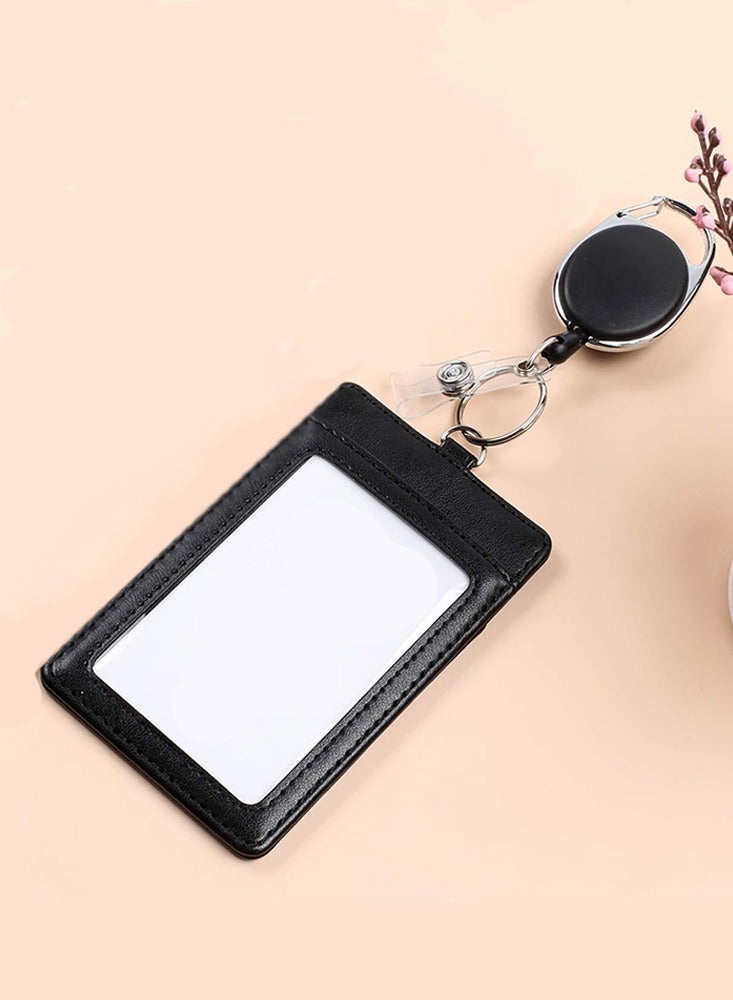 JOYBOS حامل شارة الهوية من الجلد، حامل شارة الهوية من الجلد الصناعي أفقي مع نافذة شفافة واحدة وفتحة واحدة لبطاقة الائتمان وحبل رقبة قابل للفصل (رأسي، أسود) - Image 1