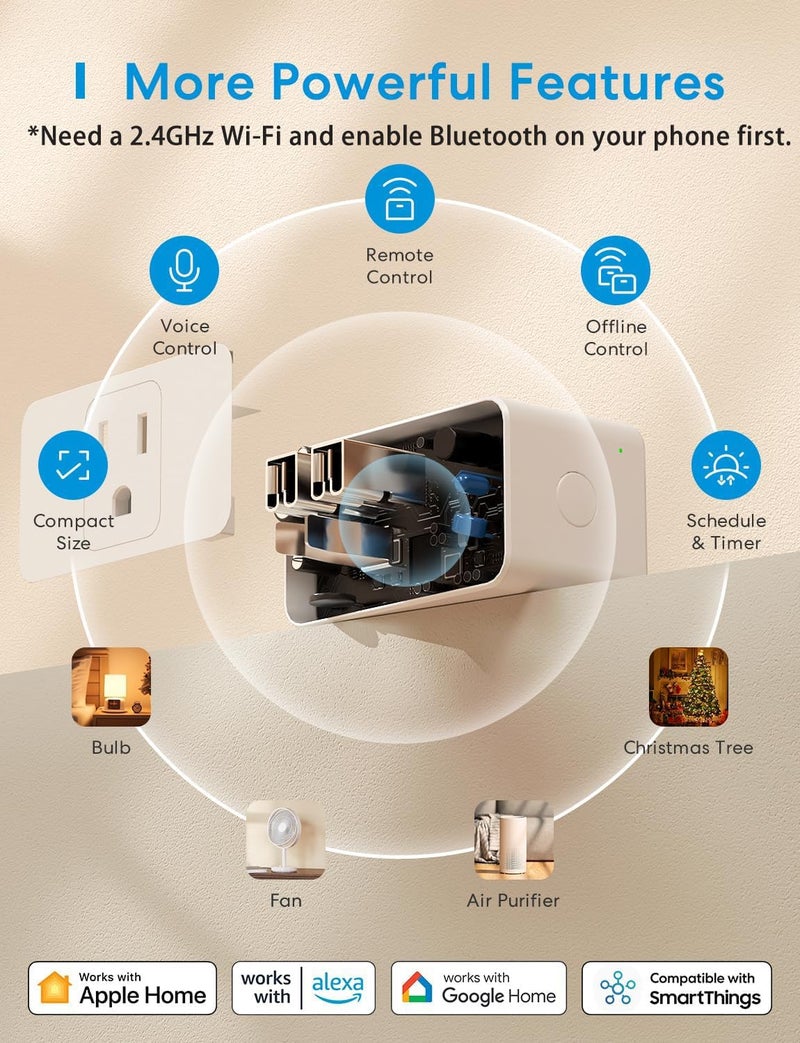 meross Smart Plug Mini, 15A & Reliable Wi-Fi, Support Apple HomeKit, Siri, Alexa, Echo, Google Assistant and Nest Hub, App Control, Timer, No Hub Needed, 2.4G WiFi Only, 4 Pack - Image 2