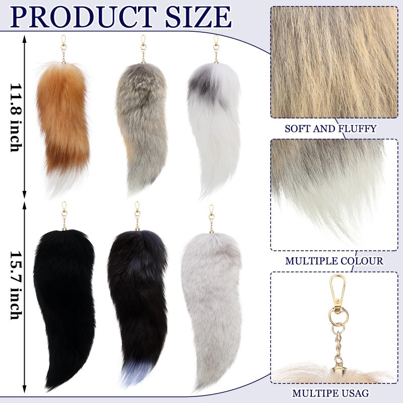 Ferreve Fluffy Fur Fox Tail Keychain Wolf Therian Tail Keychain for Party Cosplay Costume Keyring for Women 2 Sizes(Black,White,6 Pcs) - Image 2