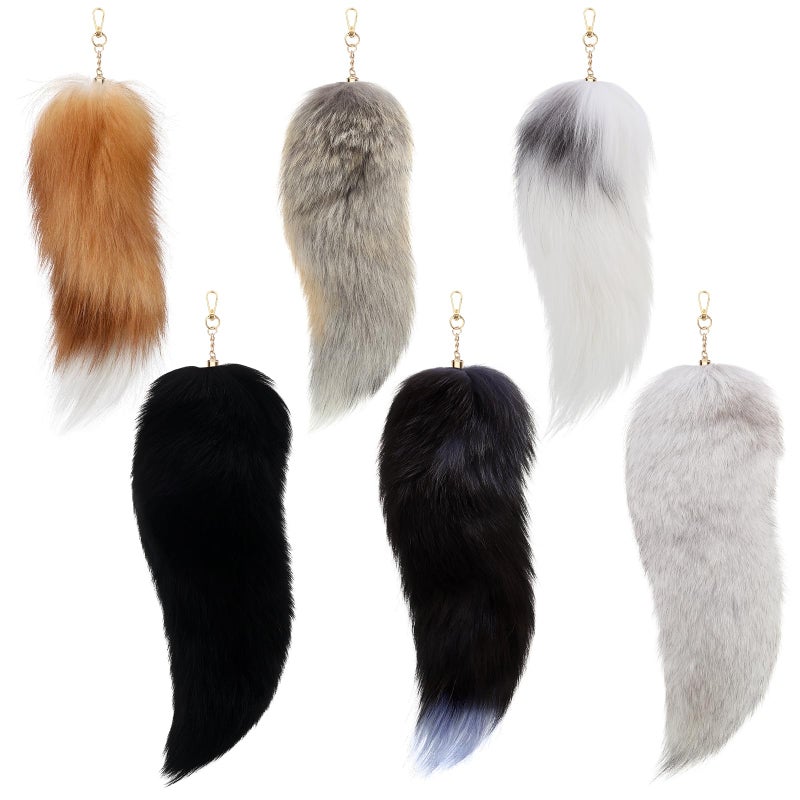Ferreve Fluffy Fur Fox Tail Keychain Wolf Therian Tail Keychain for Party Cosplay Costume Keyring for Women 2 Sizes(Black,White,6 Pcs) - Image 1