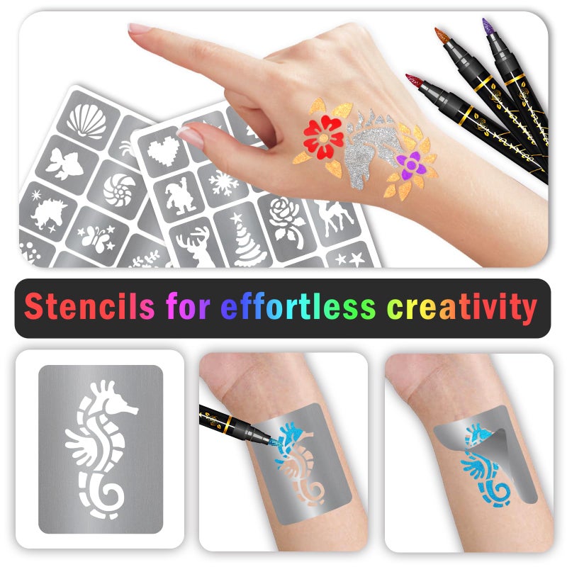 Metuu Temporary Tattoo Markers For Kids And Adults  12 Metallic Markers And 155 Tattoo Stencil Designs  Cosmetic Tattoos Pens For Party Favor Gift And Face Painting - Image 5