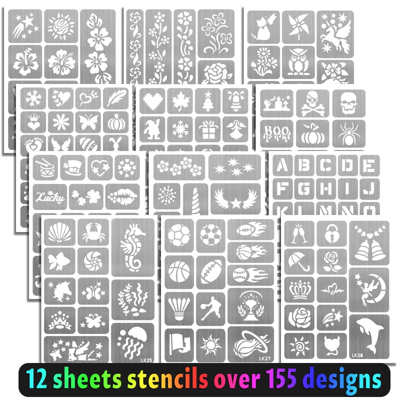 Metuu Temporary Tattoo Markers For Kids And Adults  12 Metallic Markers And 155 Tattoo Stencil Designs  Cosmetic Tattoos Pens For Party Favor Gift And Face Painting - Image 4