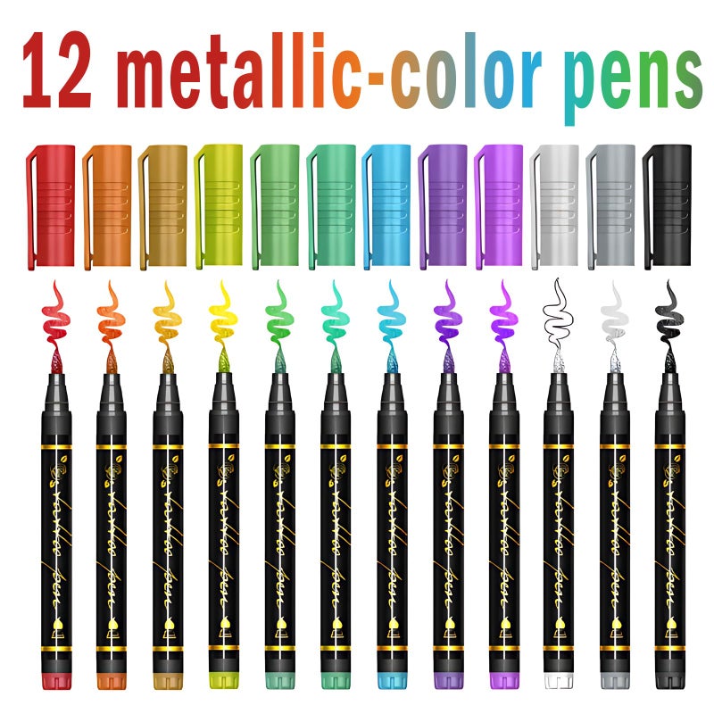 Metuu Temporary Tattoo Markers For Kids And Adults  12 Metallic Markers And 155 Tattoo Stencil Designs  Cosmetic Tattoos Pens For Party Favor Gift And Face Painting - Image 2