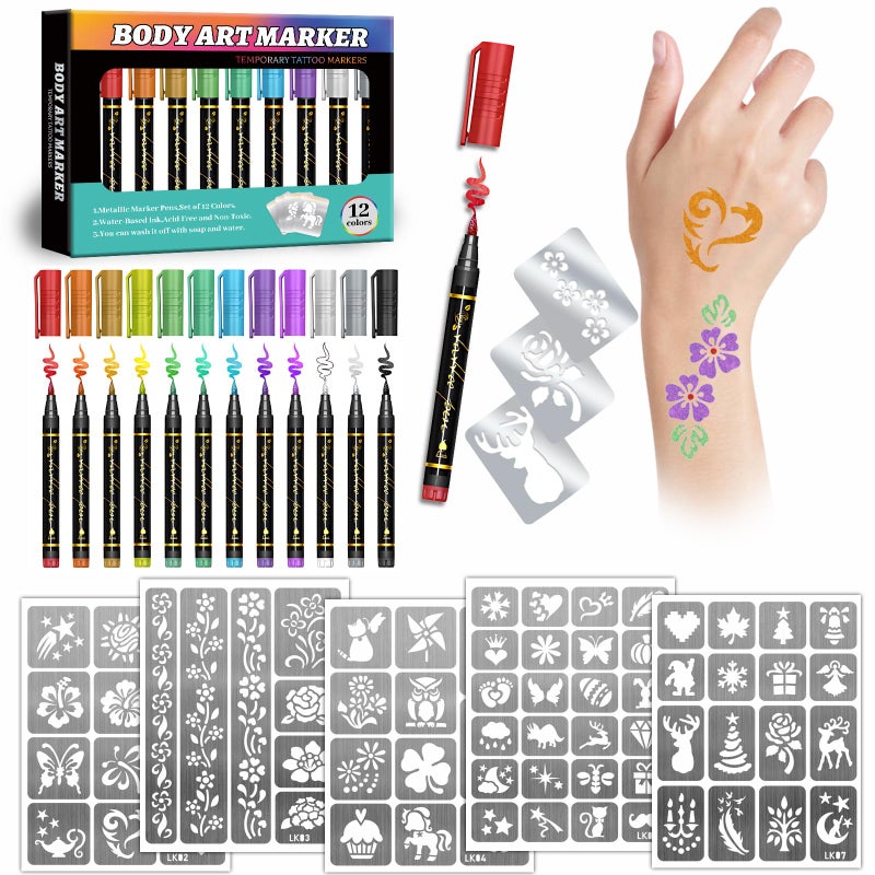 Metuu Temporary Tattoo Markers For Kids And Adults  12 Metallic Markers And 155 Tattoo Stencil Designs  Cosmetic Tattoos Pens For Party Favor Gift And Face Painting - Image 1