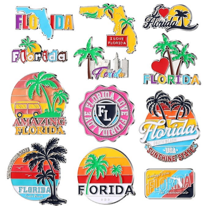12 PCS FLORIDA MAGNETS FOR REFRIGERATOR METAL USA FRIDGE MAGNET MAGNETIC FLORIDA SOUVENIRS GIFTS USA STATE MAGNETIC REFRIGERATOR STICKERS COCONUT TREE MAP