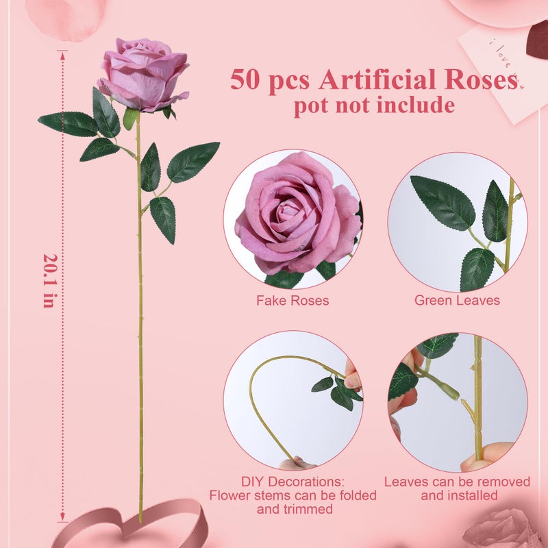 HyeFlora 50 PCS Dusty Roses Artificial Flowers, Fake Roses with Stem Realistic Silk Roses for DIY Wedding Bouquets Tables Centerpieces Arrangements Baby Shower Birthday Home Decor Valentine's Day Gift for Her - Image 5