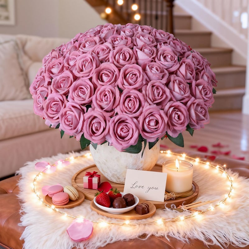 HyeFlora 50 PCS Dusty Roses Artificial Flowers, Fake Roses with Stem Realistic Silk Roses for DIY Wedding Bouquets Tables Centerpieces Arrangements Baby Shower Birthday Home Decor Valentine's Day Gift for Her - Image 3