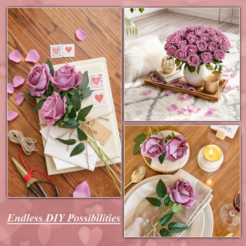 HyeFlora 50 PCS Dusty Roses Artificial Flowers, Fake Roses with Stem Realistic Silk Roses for DIY Wedding Bouquets Tables Centerpieces Arrangements Baby Shower Birthday Home Decor Valentine's Day Gift for Her - Image 2