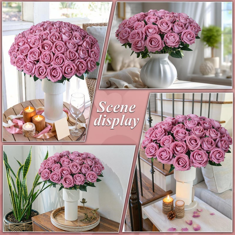 HyeFlora 50 PCS Dusty Roses Artificial Flowers, Fake Roses with Stem Realistic Silk Roses for DIY Wedding Bouquets Tables Centerpieces Arrangements Baby Shower Birthday Home Decor Valentine's Day Gift for Her - Image 4