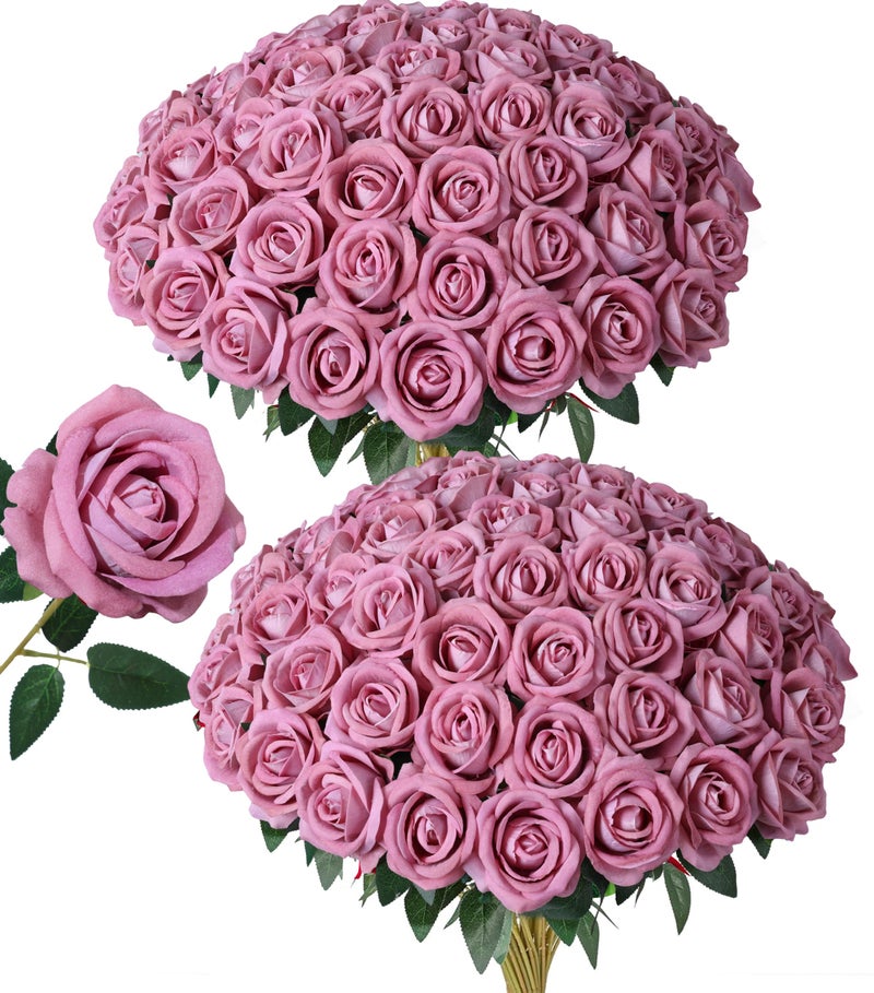 HyeFlora 50 PCS Dusty Roses Artificial Flowers, Fake Roses with Stem Realistic Silk Roses for DIY Wedding Bouquets Tables Centerpieces Arrangements Baby Shower Birthday Home Decor Valentine's Day Gift for Her - Image 1