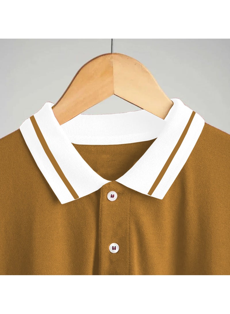 خيوط أدق قميص بولو رجالي بلون الخردل مع ياقة متباينة وخطوط رفيعة - مقاس عادي (2XL) - Image 5