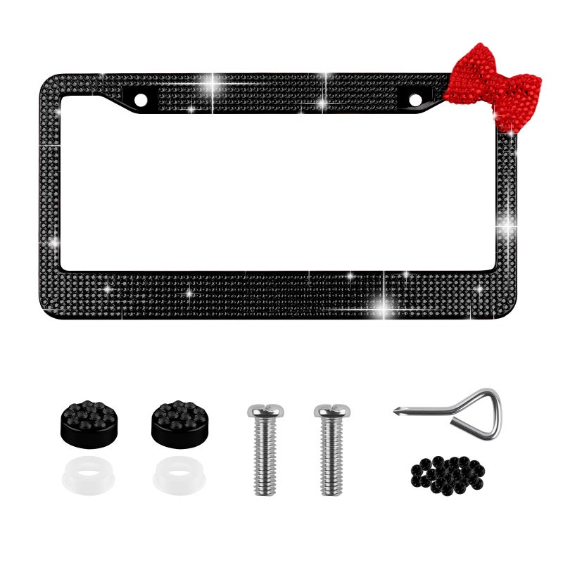 VKQTS Rhinestone Bow Cute License Plate Frames for WomenStainless Steel Car Plate Frame as Car Decoration Stylish GiftsBling License Plates Frame Automotive Exterior Accessories BlackRed - Image 3