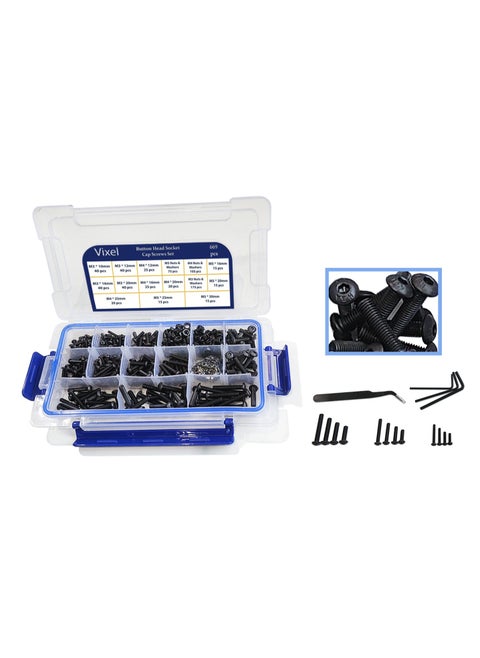 Vixel 669 Pieces Button Head Socket Cap Screws Set, Alloy Steel, Black Oxidation Finish, M3 to M5 Sizes, Includes Spring Washers, Hexagonal Wrenches, and Tweezer