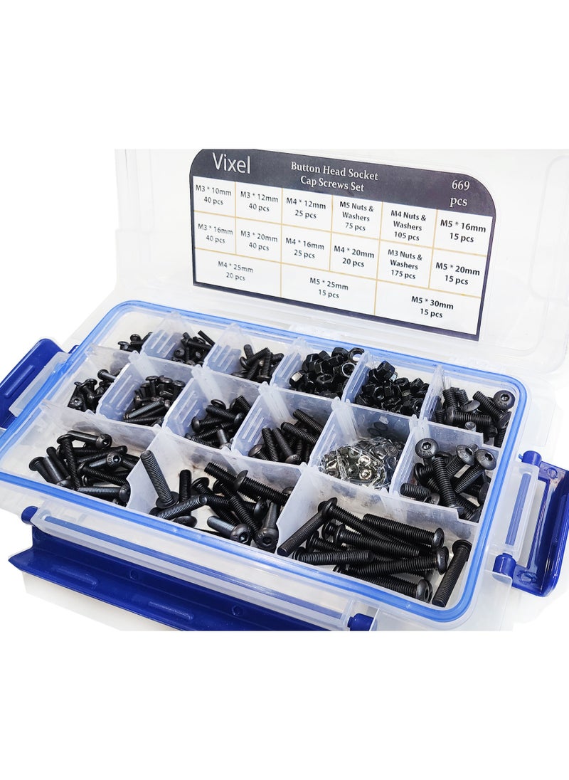 Vixel 669 Pieces Button Head Socket Cap Screws Set, Alloy Steel, Black Oxidation Finish, M3 to M5 Sizes, Includes Spring Washers, Hexagonal Wrenches, and Tweezer