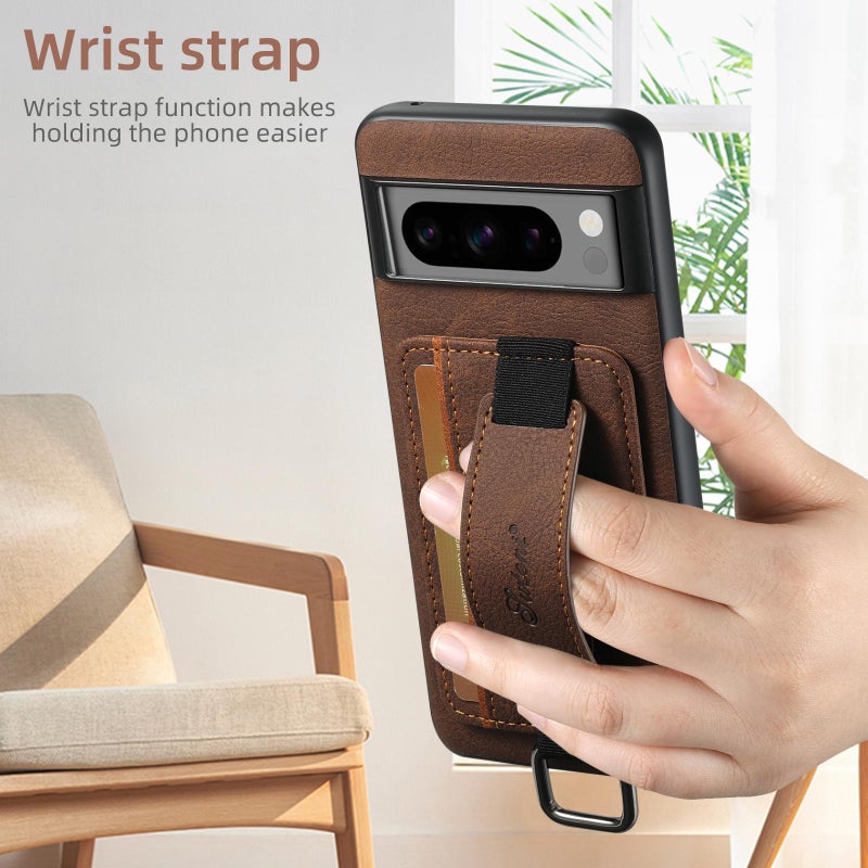 Suteni For Google Pixel 10 Pro Xl H13 Litchi Leather Wrist Strap Wallet Back Phone Case(Brown) - Image 3