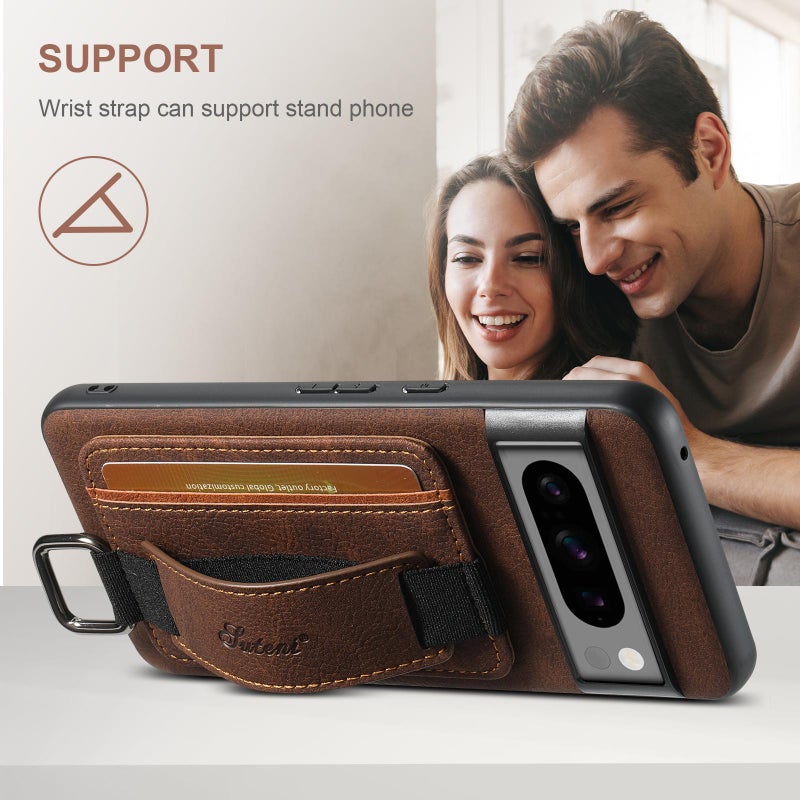 Suteni For Google Pixel 10 Pro Xl H13 Litchi Leather Wrist Strap Wallet Back Phone Case(Brown) - Image 2