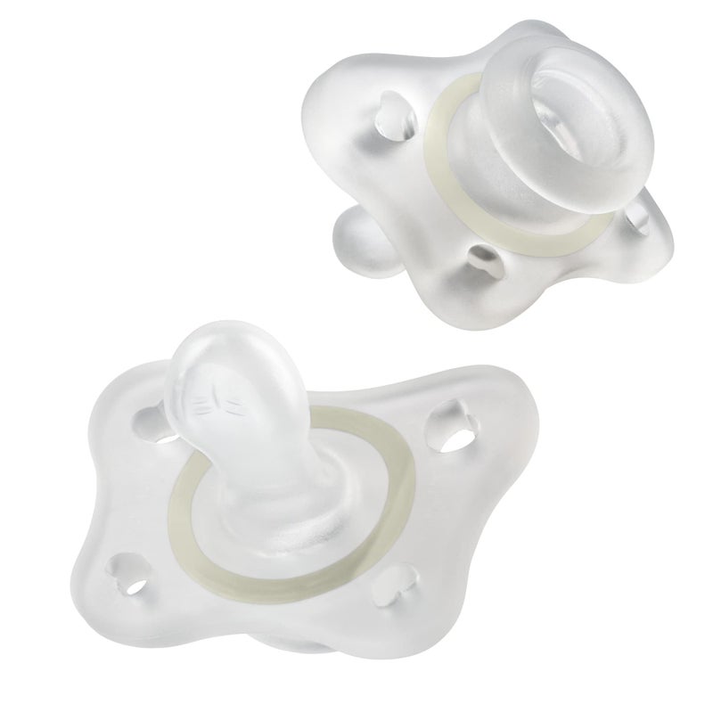 Chicco PhysioForma 100% Silicone Mini Glow in The Dark Pacifier for Babies Aged 2-6 Months | BPA & Latex Free | Reusable Sterilizing Case | Clear, 2pk - Image 1