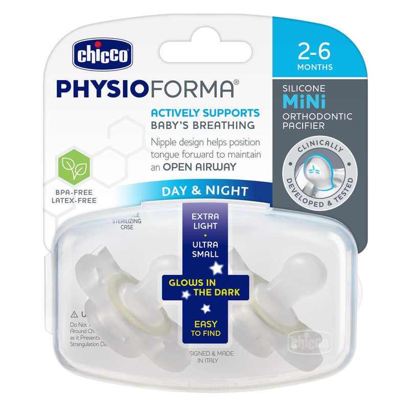 Chicco PhysioForma 100% Silicone Mini Glow in The Dark Pacifier for Babies Aged 2-6 Months | BPA & Latex Free | Reusable Sterilizing Case | Clear, 2pk - Image 2