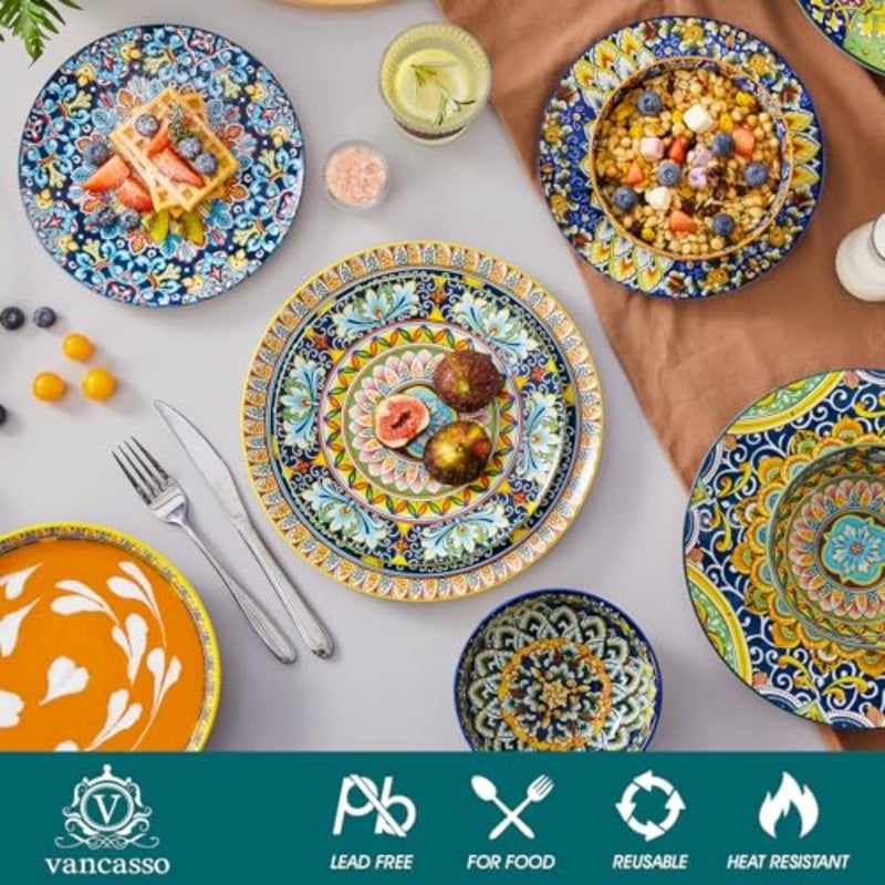 طقم أواني طعام مكون من 24 قطعة، طقم أطباق وأطباق، طقم أطباق بورسلين لـ 6 أشخاص، آمن للاستخدام في الميكروويف وغسالة الأطباق، مقاوم للخدش، خدمة أدوات الطعام على الطراز البوهيمي لـ 6 أشخاص، سلسلة SIMI - Image 3