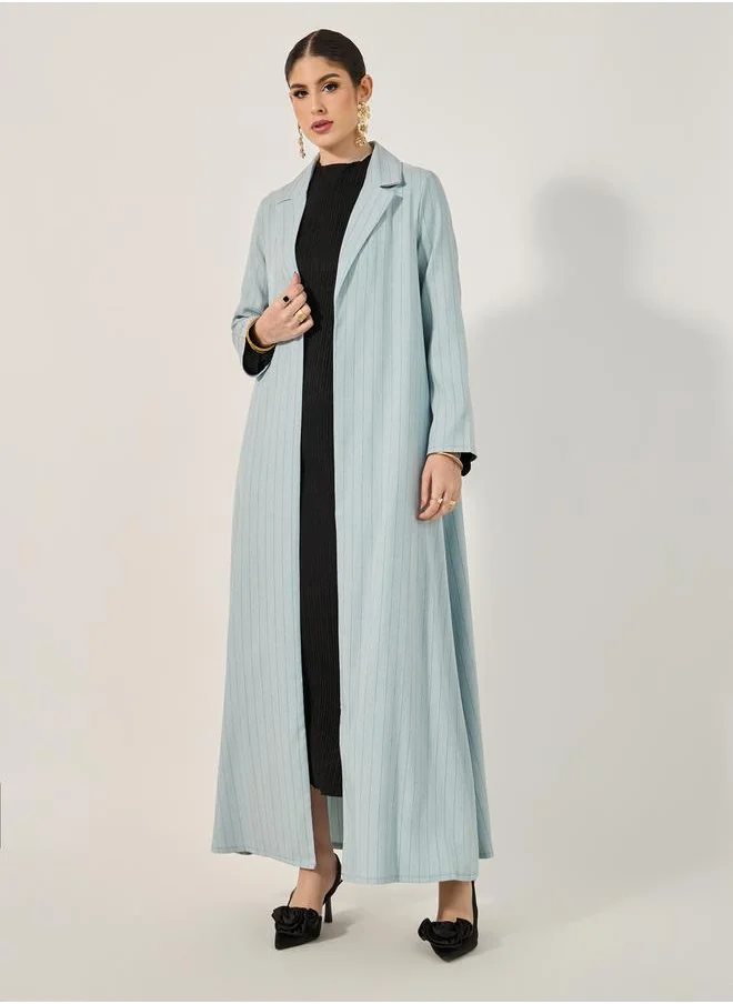 ستايلي lapel collar front open abaya in pin stripe pattern texture fabric