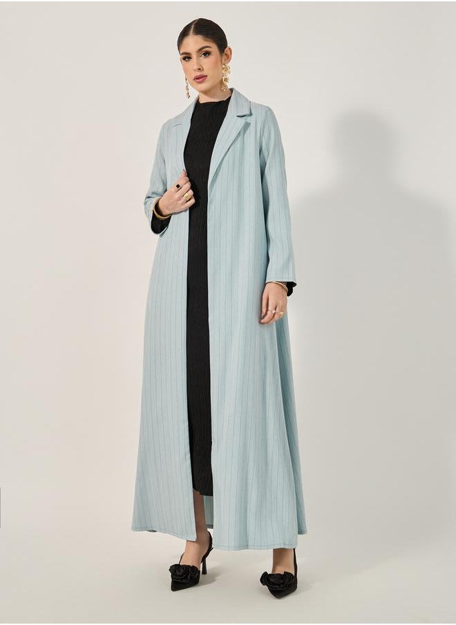 Styli lapel collar front open abaya in pin stripe pattern texture fabric  - Image 2