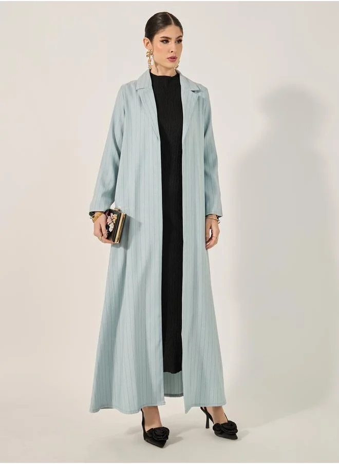 ستايلي lapel collar front open abaya in pin stripe pattern texture fabric