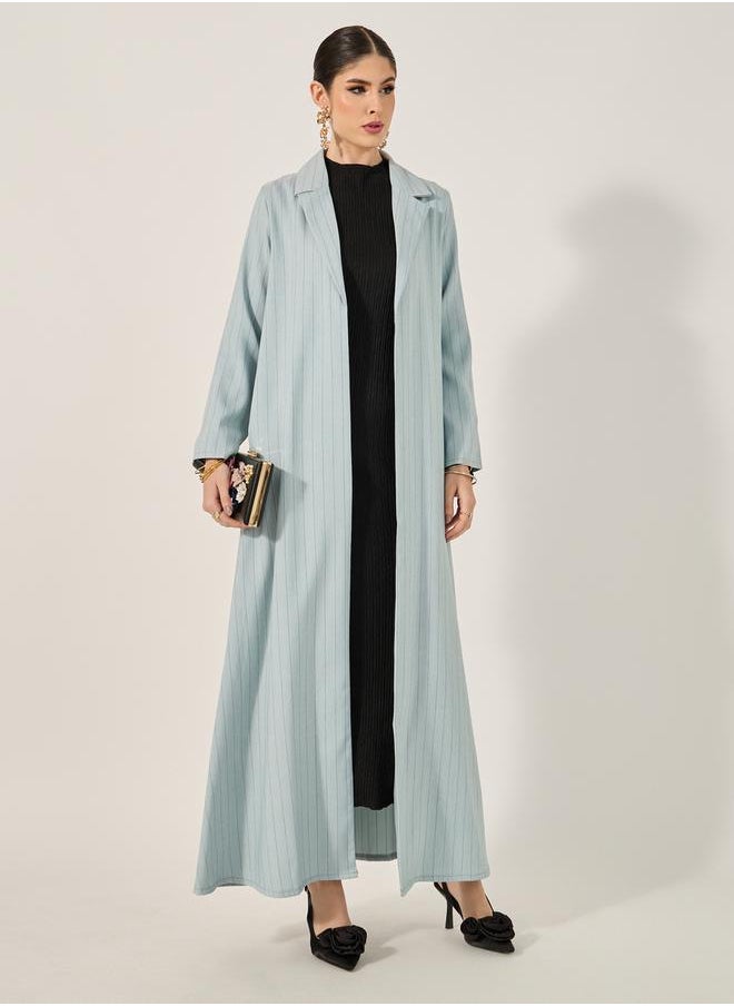 Styli lapel collar front open abaya in pin stripe pattern texture fabric  - Image 1