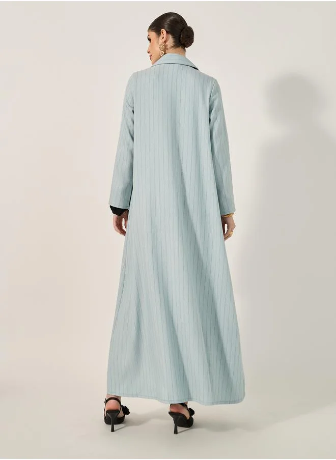 ستايلي lapel collar front open abaya in pin stripe pattern texture fabric