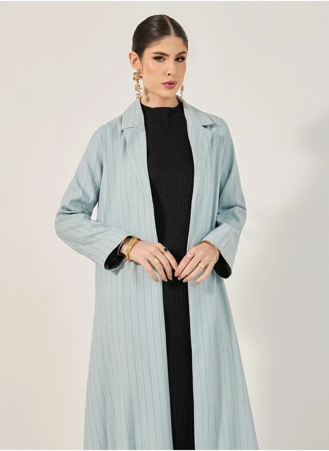 ستايلي lapel collar front open abaya in pin stripe pattern texture fabric