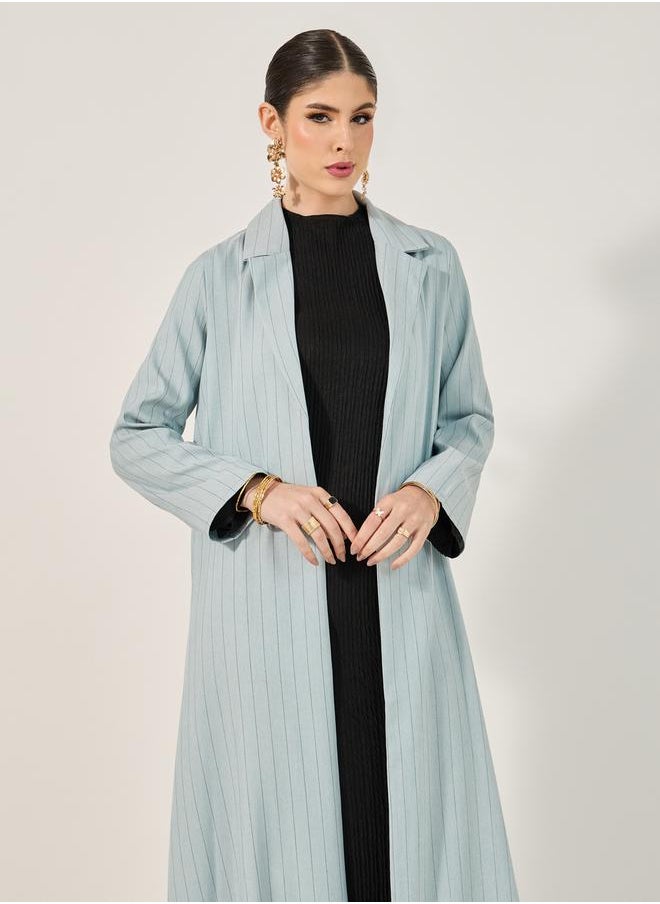 Styli lapel collar front open abaya in pin stripe pattern texture fabric  - Image 3