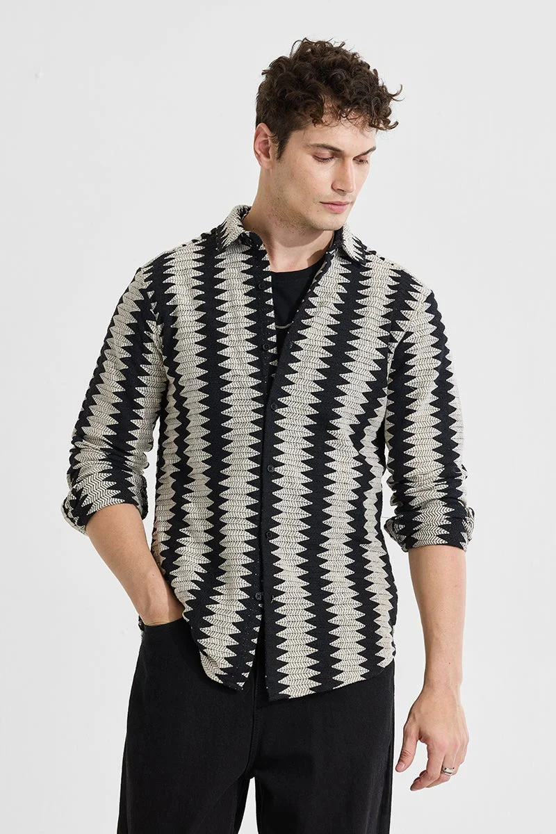 SNITCH Black Geometric Long Sleeve Slim Fit Shirt