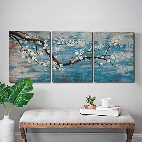 amatop Ejart Wall Art Hand-Painted Framed Flower Oil Painting On Canvas Gallery Wrapped Modern Floral Artwork for Living Room Bedroom Décor (Teal Blue Lake, 36"x16") - 3 Piece - Image 1