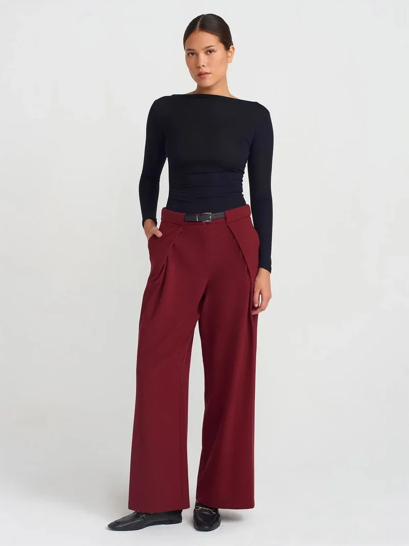 ديلفين Dilvin Women's Wide-Leg Crepe Trousers With Belt