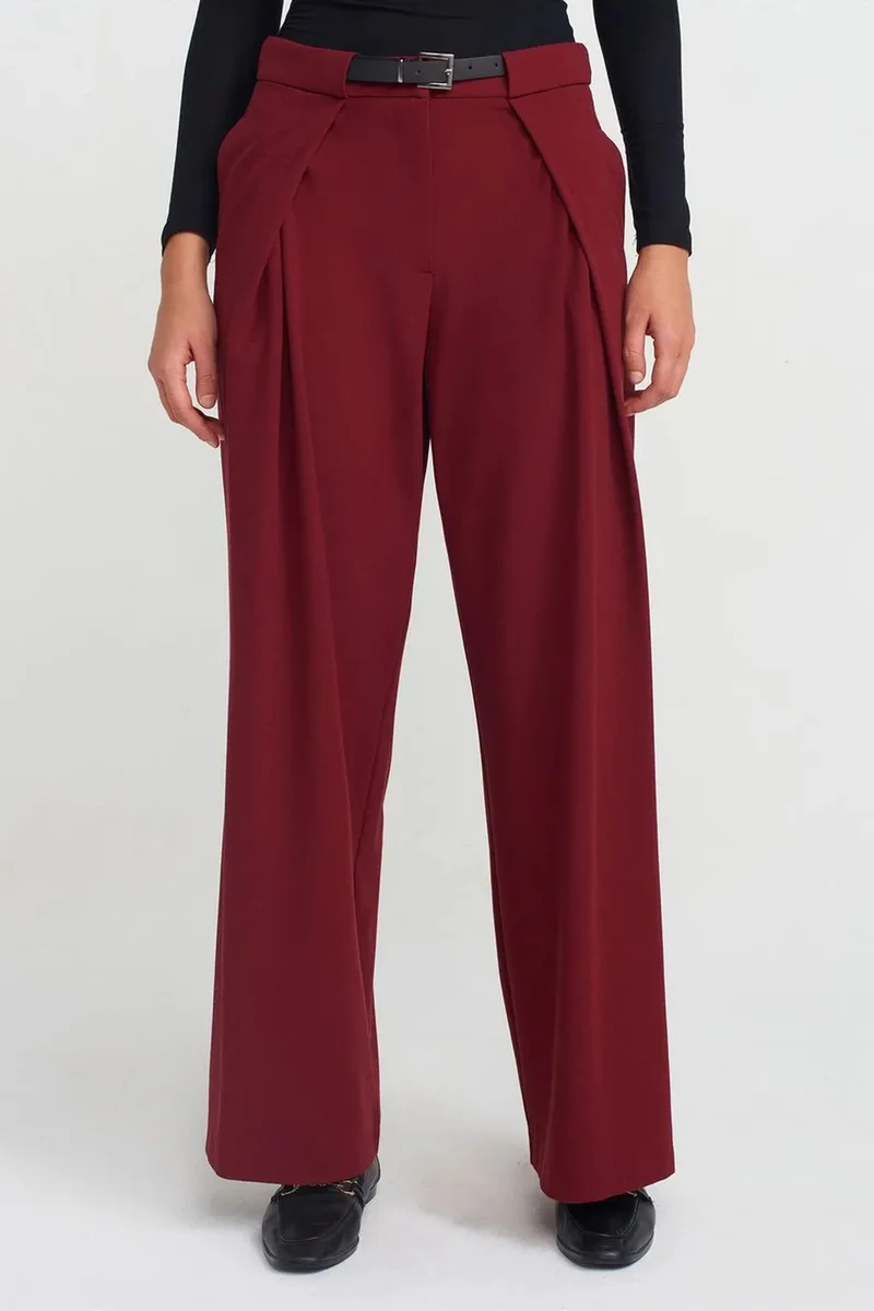 Dilvin Burgundy Red DILVIN Women's Wide-Leg Crepe Trousers With Belt for Women | Best Price UAE